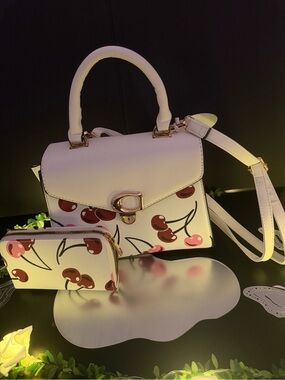 White Cherry Print Top-Handle Satchel with Wallet